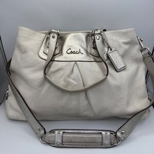 Coach Leather Shoulder Bag Cream Silver Trim Large Satchel Tote Metallic